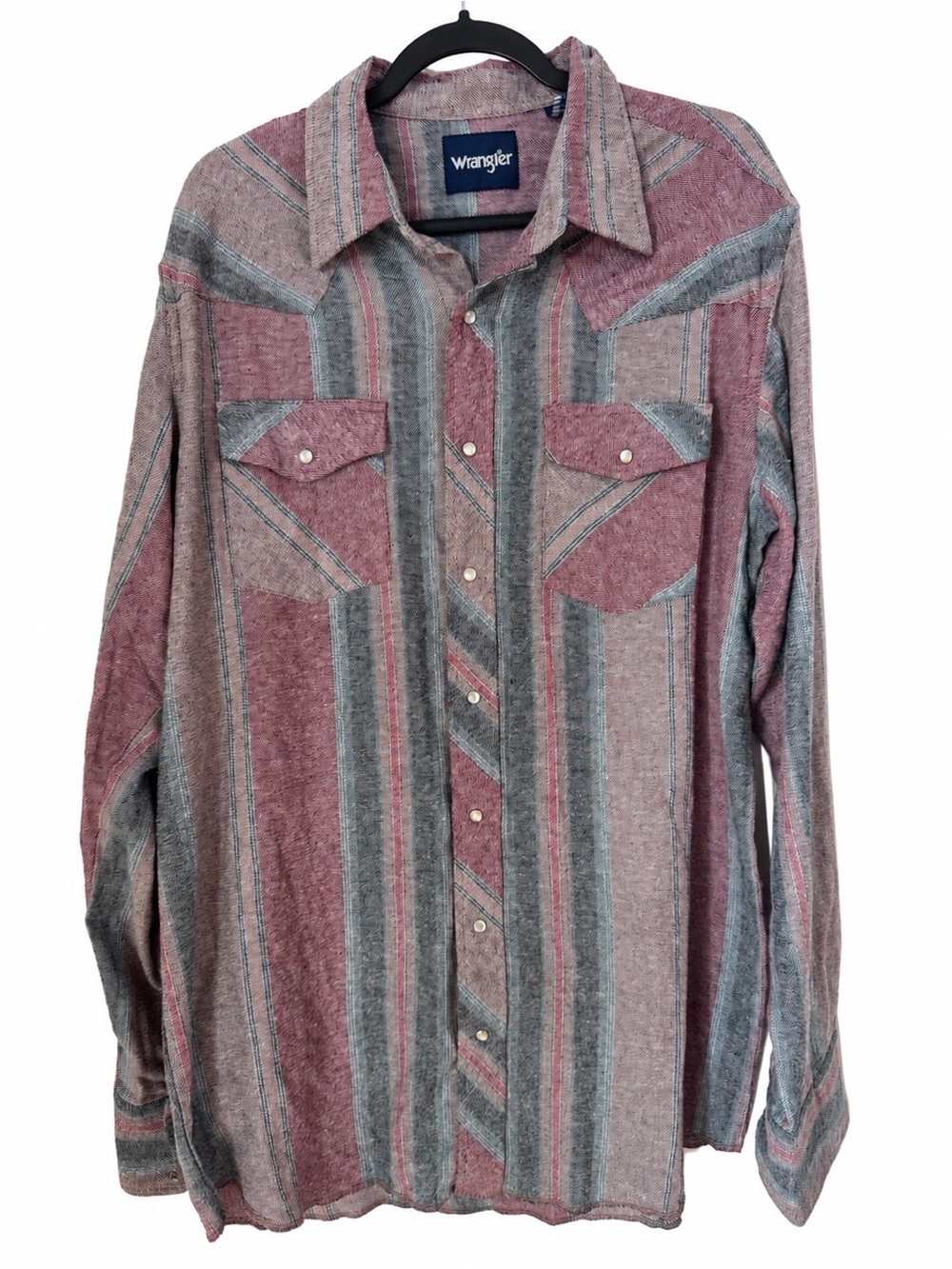 Wrangler Men’s Western Pearl Snap Shirt Burgundy Gray Stripe Cotton Y2K LT Tall
